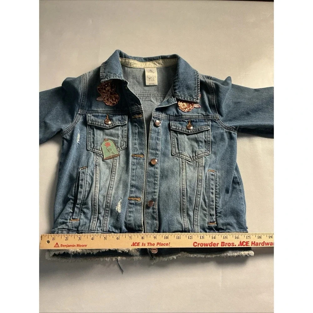 Disney Belle Beauty & The Beast Girls Distressed Denim Jacket 11-12 Sequins
